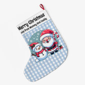 Schattigee blauw-witte Gingham Santa en Snowman Grote Kerstsok (Achterkant (Hangend))
