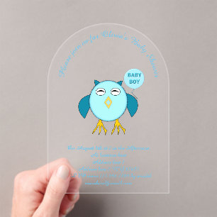 Schattigee Blauwe Baby Boy Uil Custom Baby shower  Acryl Uitnodigingen