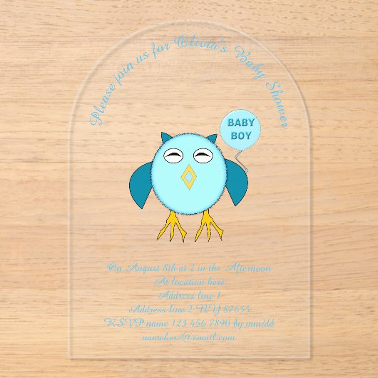 Schattigee Blauwe Baby Boy Uil Custom Baby shower Acryl Uitnodigingen (Voorkant)