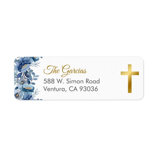 Schattigee Blauwe Bloemen Eerste Heilige Communie  Etiket (Voorkant)