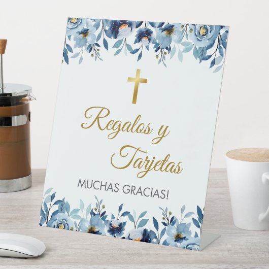 Schattigee Blauwe Bloemen in Spaans Eerste Communi Reclamebord Met Voetstuk (Insitu)