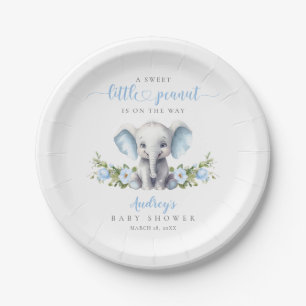 Schattigee Blauwe Bloemen Olifant Baby Boy Shower Papieren Bordje