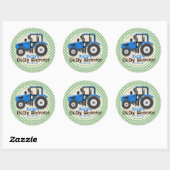 Schattigee Blauwe Boerderij Tractor; Groen Plaid B Ronde Sticker (Vel)