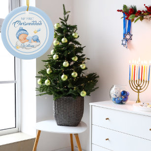 Schattigee Blauwe Chanoeka Baby's Eerste Chrismukk Keramisch Ornament
