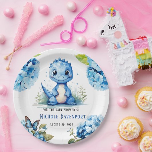 Schattigee Blauwe Dinosaurus met Bloemen Jongen Ba Papieren Bordje (Feest)