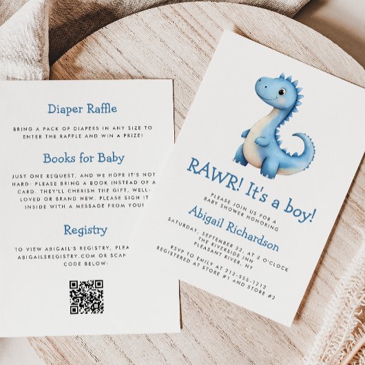 Schattigee Blauwe Dinosaurus QR Code Boy Baby show Kaart