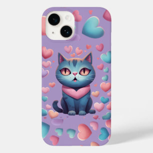 Schattigee blauwe kat met hartenhoodie   Kawaii Va Case-Mate iPhone 14 Hoesje