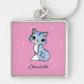 Schattigee blauwe kat op roze aangepaste naam sleutelhanger (Voorkant)