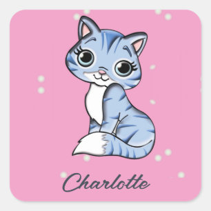 Schattigee blauwe kat op roze aangepaste naam vierkante sticker
