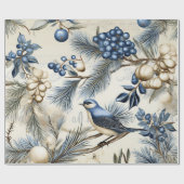 Schattigee Blauwe Kerstvogel, Bessen, Bloemen Cadeaupapier (Vlak)