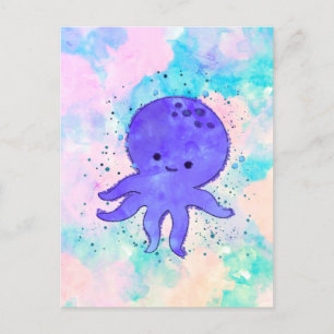 Schattigee Blauwe Octopus Cartoon Waterverf Briefkaart