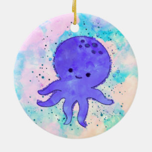 Schattigee Blauwe Octopus Cartoon Waterverf Keramisch Ornament