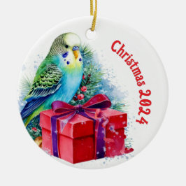 Schattigee blauwe parkiet en kerstcadeau keramisch ornament