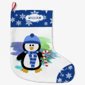 Schattigee Blauwe Pinguïn Candy Cane Grote Kerstsok (Voorkant)