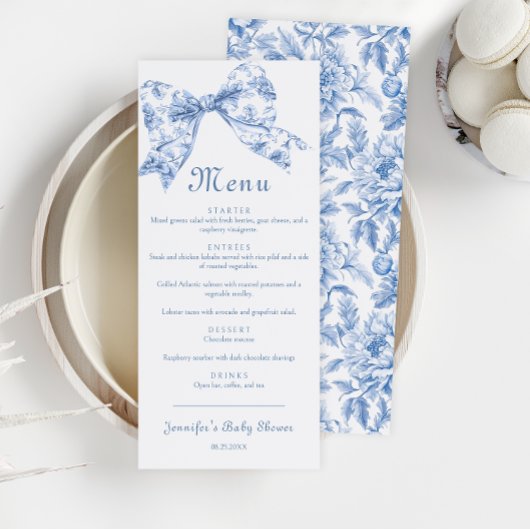 Schattigee Blauwe Toile Bow Baby Boy Shower Menu