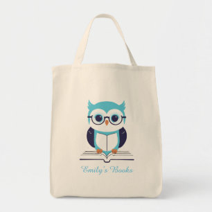 Schattigee blauwe uil met boek gepersonaliseerd bi tote bag
