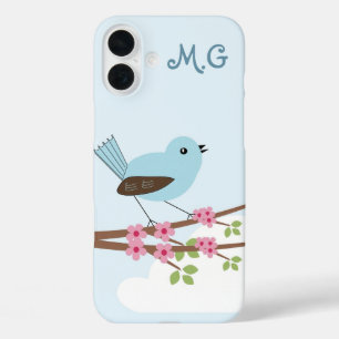 Schattigee Blauwe Vogel in Bloesemboom Monogram iPhone 16 Plus Hoesje