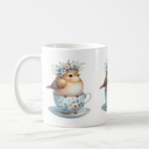 Schattigee Blauwe Vogel met Bloemenkroon in Teacup Koffiemok