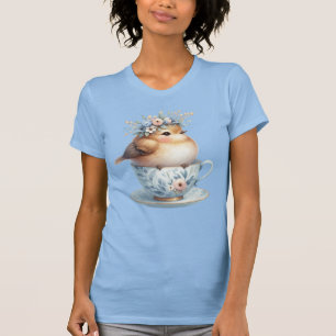Schattigee Blauwe Vogel met Bloemenkroon in Teacup T-shirt