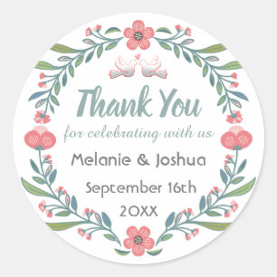 Schattigee Bloemen en Dove Krans Trouwen Dank u Ronde Sticker