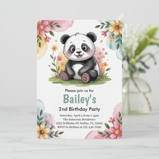 Schattigee Bloemen Kinder Panda 2e Verjaardagsfees Kaart (Staand voorkant)