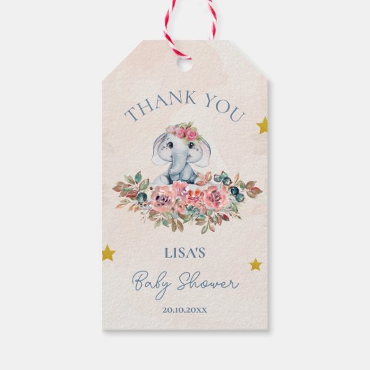 Schattigee bloemenolifant dank u Baby shower Cadeaulabel (Achterkant)