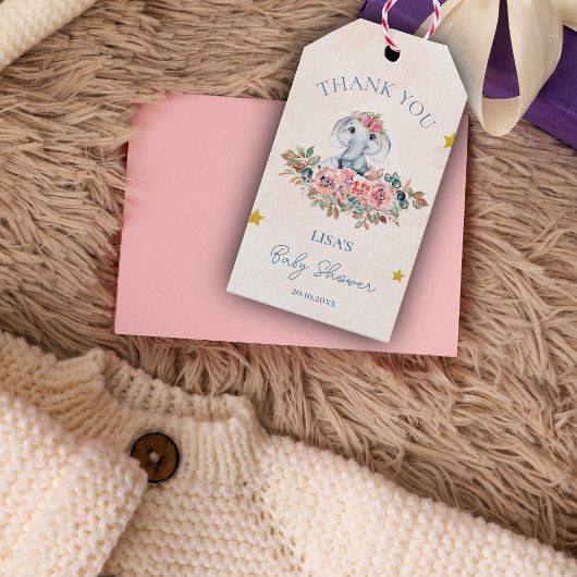 Schattigee bloemenolifant dank u Baby shower Cadeaulabel