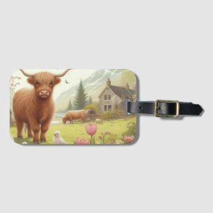 Schattigee, bloemenrijke / voorjaar Highland koe Bagagelabel
