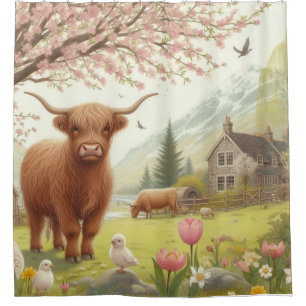 Schattigee, bloemenrijke / voorjaar Highland koe Douchegordijn