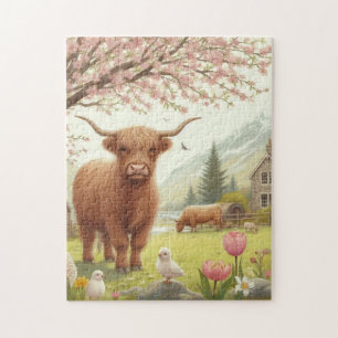 Schattigee, bloemenrijke / voorjaar Highland koe Legpuzzel