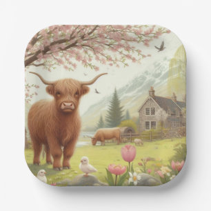 Schattigee, bloemenrijke / voorjaar Highland koe Papieren Bordje
