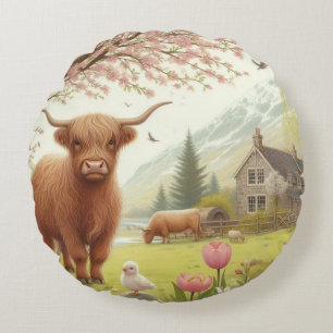 Schattigee, bloemenrijke / voorjaar Highland koe Rond Kussen
