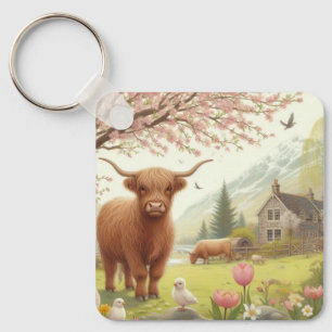Schattigee, bloemenrijke / voorjaar Highland koe Sleutelhanger