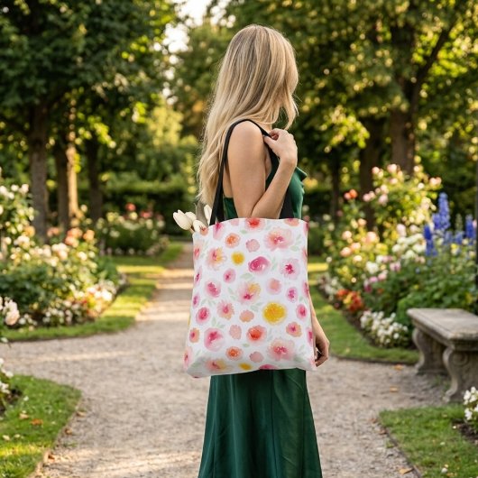 Schattigee bloemige kleurrijke roze oranje canvas draagtas