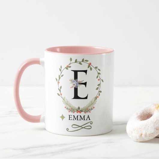 Schattigee bloemletter E Monogram Mok (Met donut)