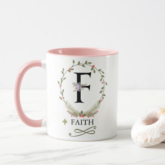 Schattigee bloemletter F Monogram Mok (Met donut)