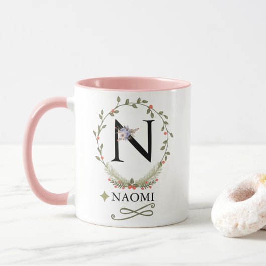 Schattigee bloemletter N Monogram Mok (Met donut)