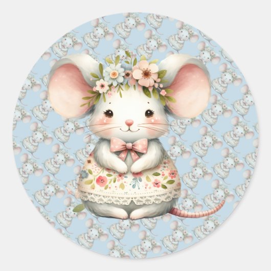 Schattigee Bloemmuis Jurk Bloemkroon Ronde Sticker (Voorkant)