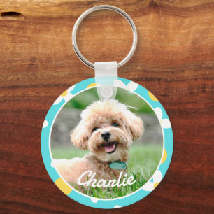 Schattigee Bloempatroon Gepersonaliseerde Pet Foto Sleutelhanger