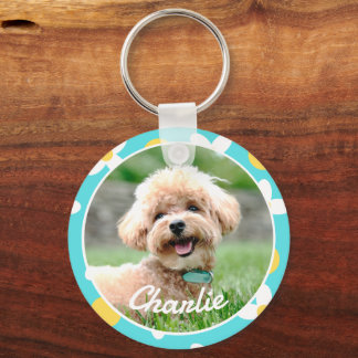 Schattigee Bloempatroon Gepersonaliseerde Pet Foto Sleutelhanger