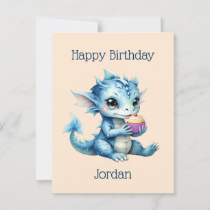 Schattigee Blue Baby Dragon Eet een Cupcake Briefkaart