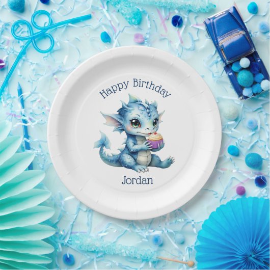 Schattigee Blue Baby Dragon Eet een Cupcake Papieren Bordje (Feest)
