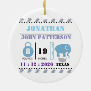 Schattigee Blue Baby Elephant Geboorteaankondiging Keramisch Ornament