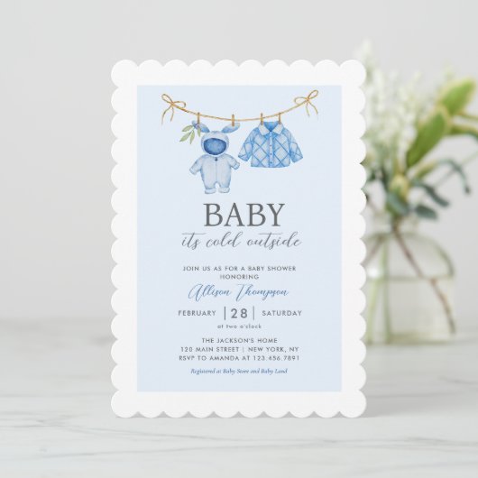Schattigee Blue Boy Clothesline Winter Baby shower Kaart (Staand voorkant)