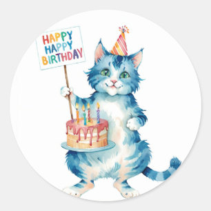 Schattigee Blue Cat verjaardagstaart - Verjaardag Ronde Sticker