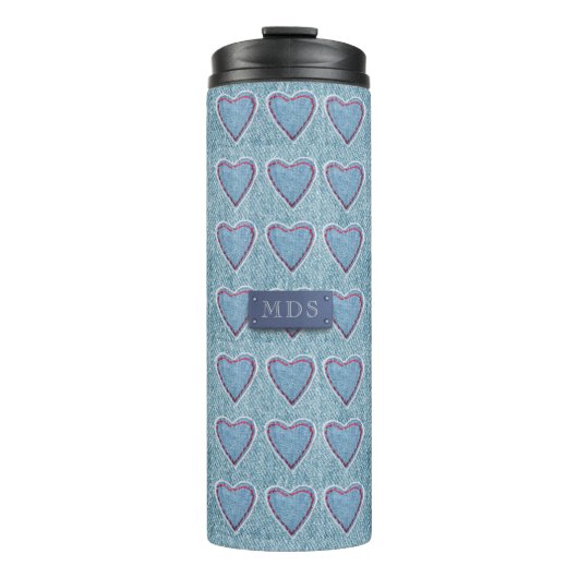 Schattigee Blue Denim Heart Patchwork Thermal Tumb Thermosbeker (Voorkant)