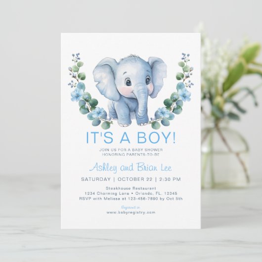 Schattigee Blue Elephant Baby shower Uitnodiging - (Staand voorkant)