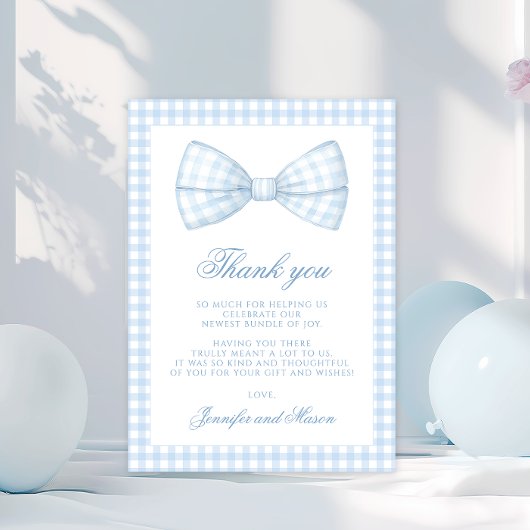 Schattigee Blue Gingham Bow stropdas Baby Boy Show Bedankkaart