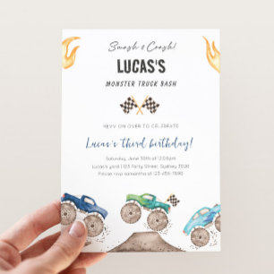 Schattigee Blue & Green Monster Trucks Verjaardags Kaart