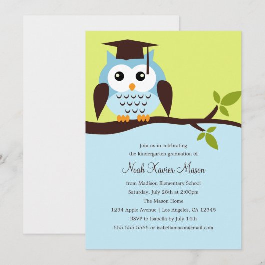 Schattigee Blue Owl Graduation Party Invitation Kaart (Voorkant / Achterkant)